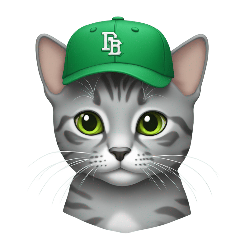 Gray shorthair cat with green celtics baseball cap