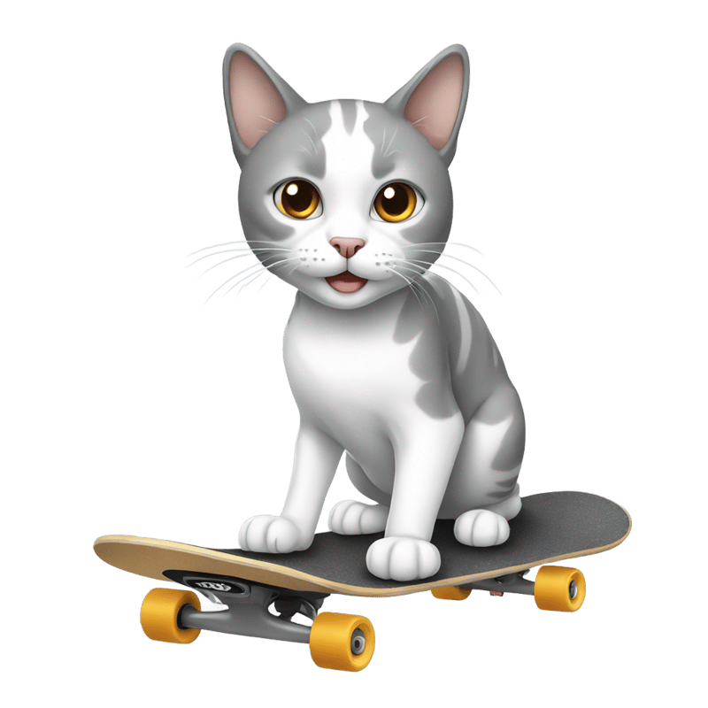 Grey and white cat skateboarding