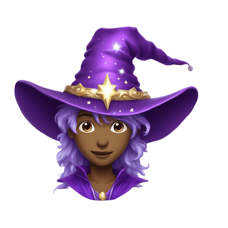 head figure of a young mage with expressive facial features, fine features and a slight smile. He is wearing a tall purple hat with wide brim, decorated with silver stars and a shimmering feather. His hair peeks out slightly from under the hat, and his eyes reflect a magical gleam. Add light highlights on the hat and face for a magical effect.