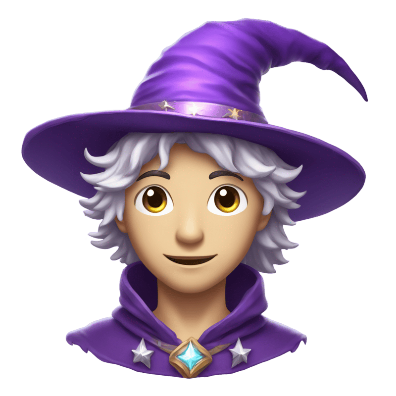 head figure of a young mage with expressive facial features, fine features and a slight smile. He is wearing a tall purple hat with wide brim, decorated with silver stars and a shimmering feather. His hair peeks out slightly from under the hat, and his eyes reflect a magical gleam. Add light highlights on the hat and face for a magical effect.