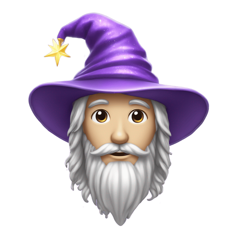 head figure of a young wizard with expressive facial features, fine features and a slight smile. He is wearing a tall purple hat with wide brim, decorated with silver stars and a shimmering feather. His hair peeks out slightly from under the hat, and his eyes reflect a magical gleam. Add light highlights on the hat and face for a magical effect.