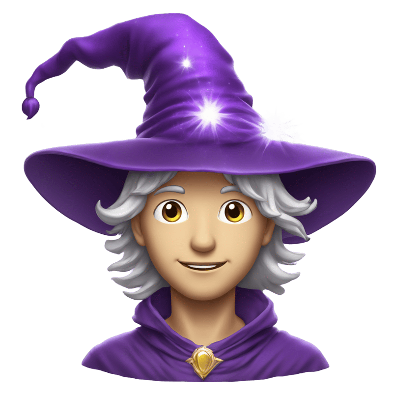 head figure of a young wizard with expressive facial features, fine features and a slight smile. He is wearing a tall purple hat with wide brim, decorated with silver stars and a shimmering feather. His hair peeks out slightly from under the hat, and his eyes reflect a magical gleam. Add light highlights on the hat and face for a magical effect.