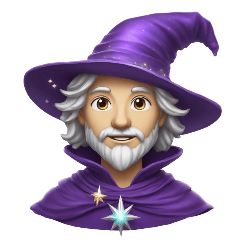 head figure of a young wizard with expressive facial features, fine features and a slight smile. He is wearing a tall purple hat with wide brim, decorated with silver stars and a shimmering feather. His hair peeks out slightly from under the hat, and his eyes reflect a magical gleam. Add light highlights on the hat and face for a magical effect.