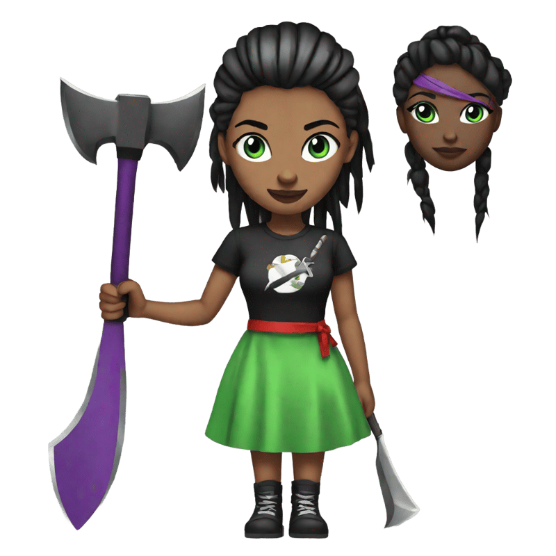 helsie, pale girl, bright green eyes, black ponytail with red and green streaks, spiked hairband, purple t-shirt dress with a black and white woman design on it, holding large black spiked axe