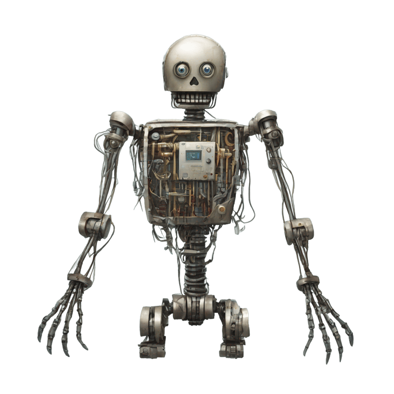 In the story The Mimic, the Mimic’s original, primitive-looking endoskeleton body is just a robotic torso with arms and a head. It’s made out of cannibalized machinery, such as wiring from unused rooms, pistons from a defunct industrial washing machine, and steel, spools, gears, and springs from a Leavers Machine. The Mimic’s skull started out as two large white doll’s eyes placed within a boxy piece of metal housing from a broken-down compressor. To make it look more like a real head, a narrow protuberance that juts up from between the eyes is formed using a rounded bit of metal from the guts of the Leavers Machine. Under the eye housing, a hinged “jaw” is welded in place, formed out of parts of the Leavers Machine’s guide bars. The Mimic has a big, white-toothed mouth made from a set of novelty chattering teeth.[1] A large processor is welded to the back of the skull and a tangle of wires are run all around the skull. They stretch towards the back of the skull, dive in and out of both eye sockets, snake through the mouth, and extends down the articulated neck that in turn connects with a metallic spine, which connects with a slightly curved makeshift rib cage, and the rib cage is linked to two robotic arms that end in pincerlike hands.[2]