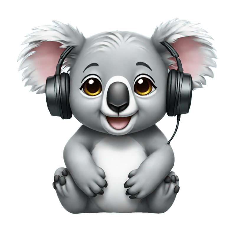 koala grinning with squinting eyes and headphones