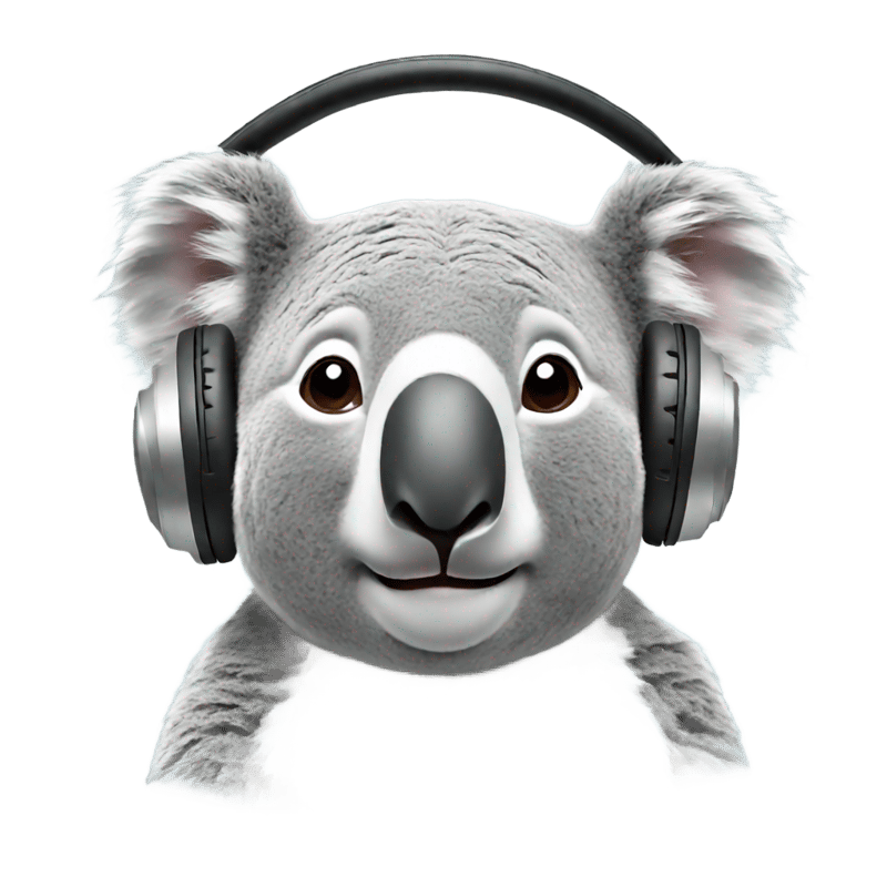 koala head with headphones on, music symbols around head