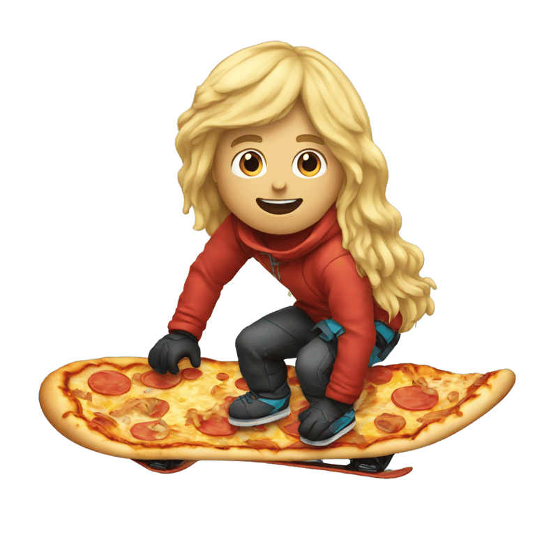 Long hair blond man snowboarding with pizza