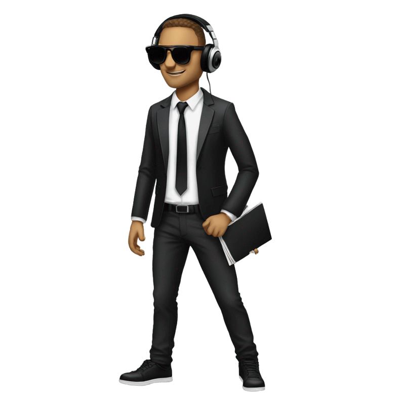 Man with sunglasses DJ black jacket skinny tie headphones scratching records