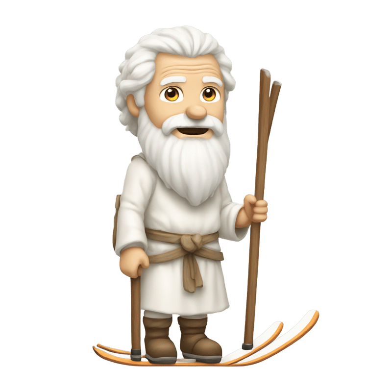 Old man white hair white beard wearing white toga robe on skis with mountains