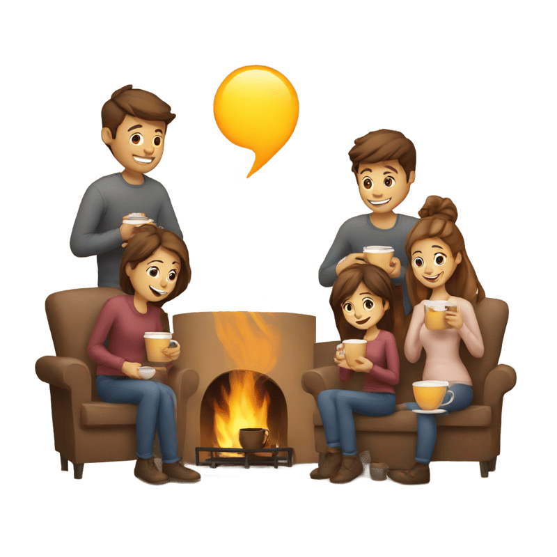 People with coffee in hand around fireplace