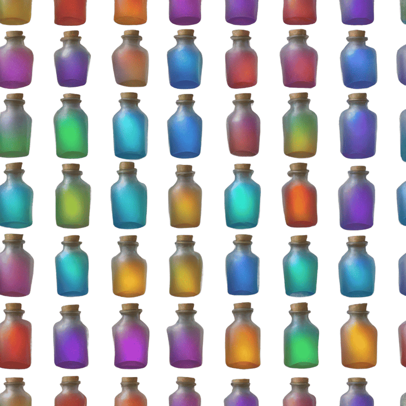 Potion bottles in a row in metallic colors forming a rainbow