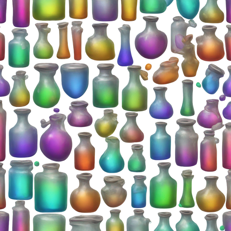 Potion bottles in metallic colors forming a rainbow