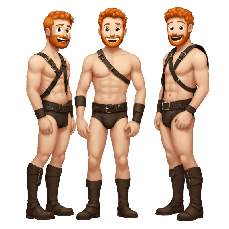 shirtless ginger guy wearing red undies and leather chest harness, with second guy touching his chest