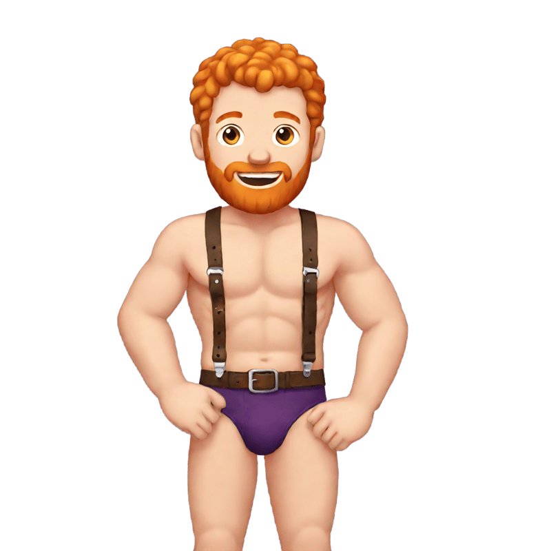 shirtless ginger guy wearing red undies and leather chest straps holding an eggplant