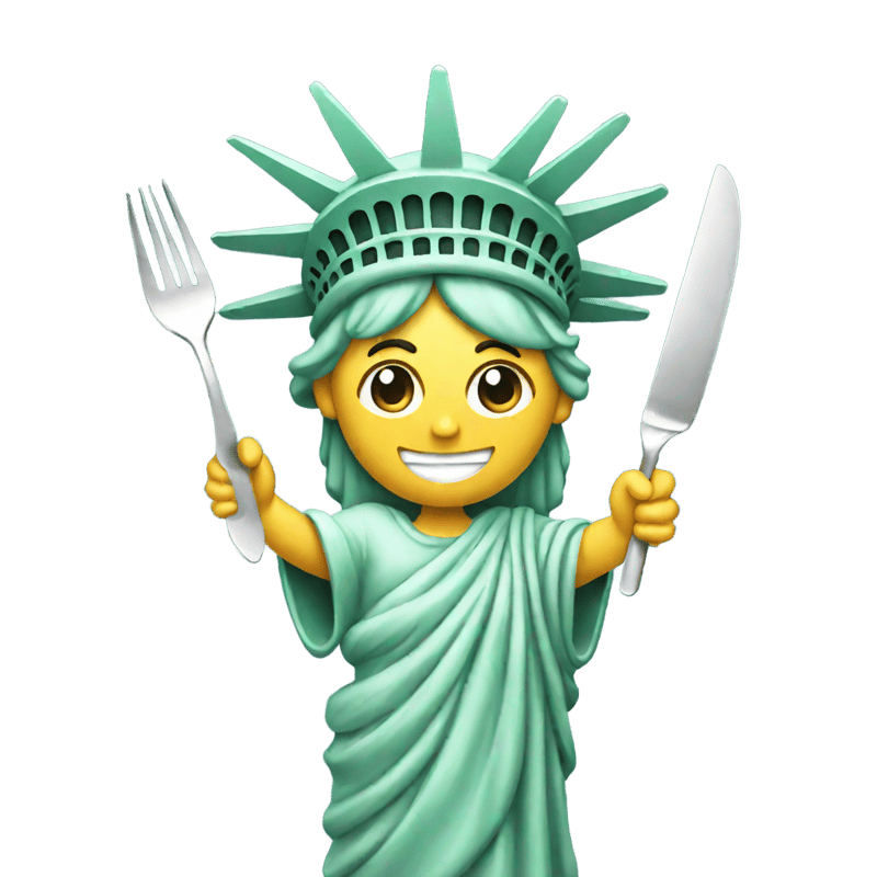 smiling statue of liberty holding a fork and knife