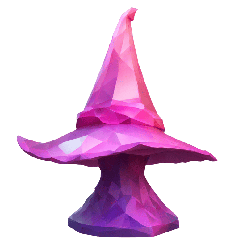 standalone sculpture Mage Witch Hat is geometric, faceted design. The sculpture is standing upright on a base with angular and baroque features. The vibrant midtone tints of pastels and pink highlights the sharp edges and planes.