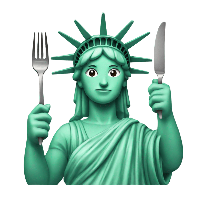 statue of liberty holding a fork and knife