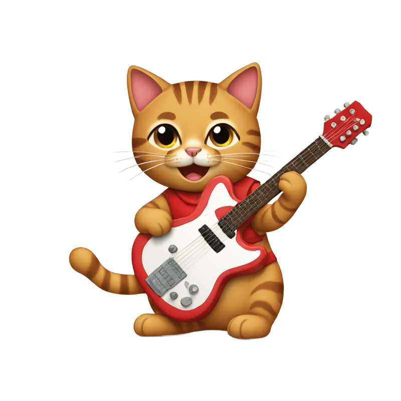 tabby cat playing a red guitar