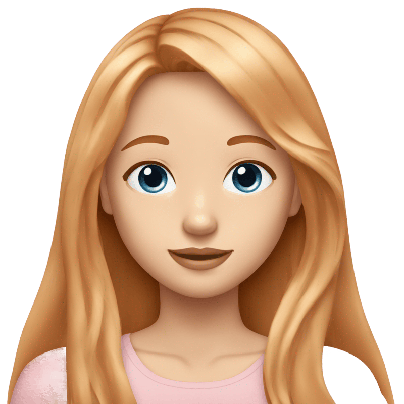 Teenage girl with blue eyes and very long straight strawberry blond hair with a slight wave and curtain bangs and light skin