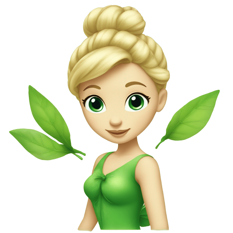 Tinker Bell is a short fairy with light skin tone,blue eyes and blonde hair tied up in an elegant bun. She wears a green dress made of leaves. She always has a cotton ball in each of her green shoes