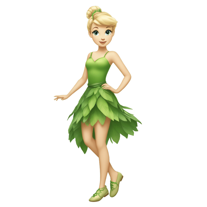 Tinker Bell is a short fairy with light skin tone,blue eyes and blonde hair tied up in an elegant bun. She wears a green dress made of leaves. She always has a cotton ball in each of her green shoes