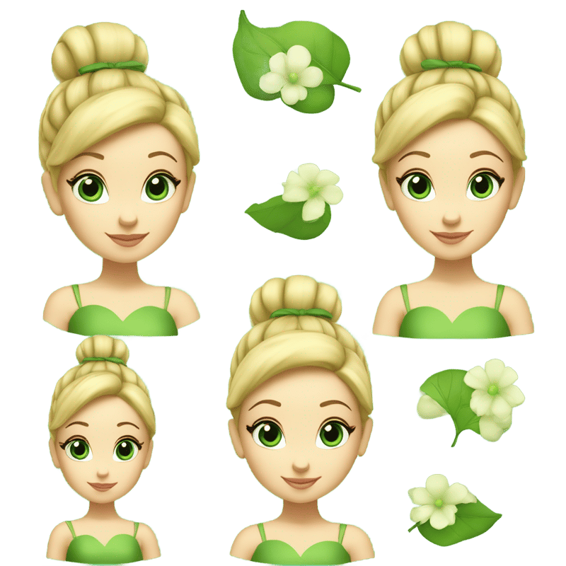 Tinker Bell is a short fairy with light skin tone, round blue eyes and blonde hair tied up in an elegant bun. She wears a green dress made of leaves. She always has a cotton ball in each of her green shoes