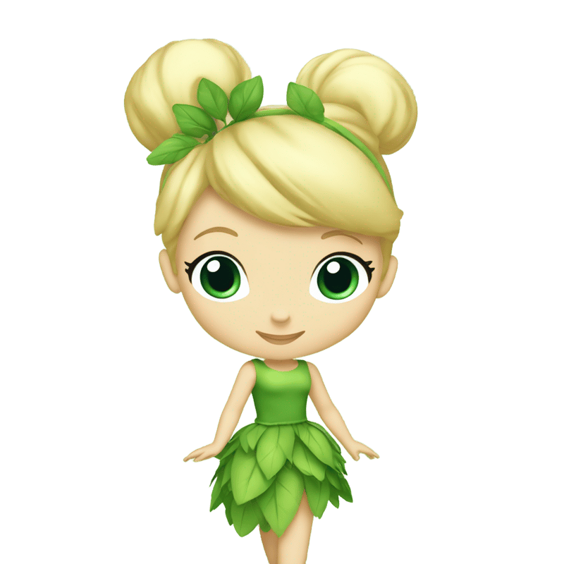 Tinker Bell is a short fairy with light skin tone, round blue eyes and blonde hair tied up in an elegant bun. She wears a green dress made of leaves. She always has a cotton ball in each of her green shoes