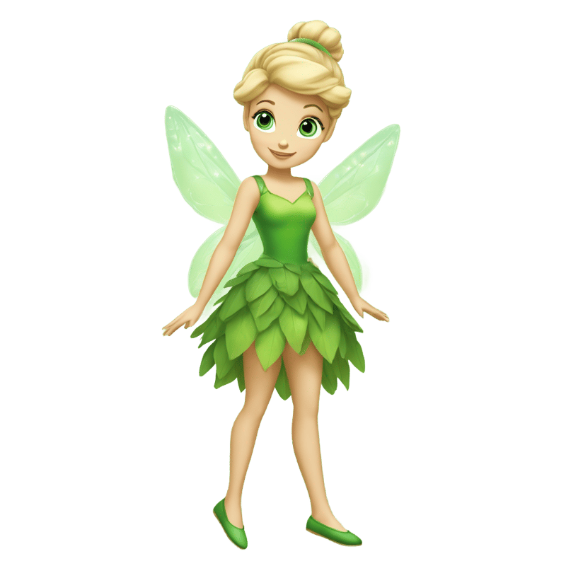 Tinker Bell is a short fairy with light skin tone, round blue eyes and blonde hair tied up in an elegant bun. She wears a green dress made of leaves. She always has a cotton ball in each of her green shoes