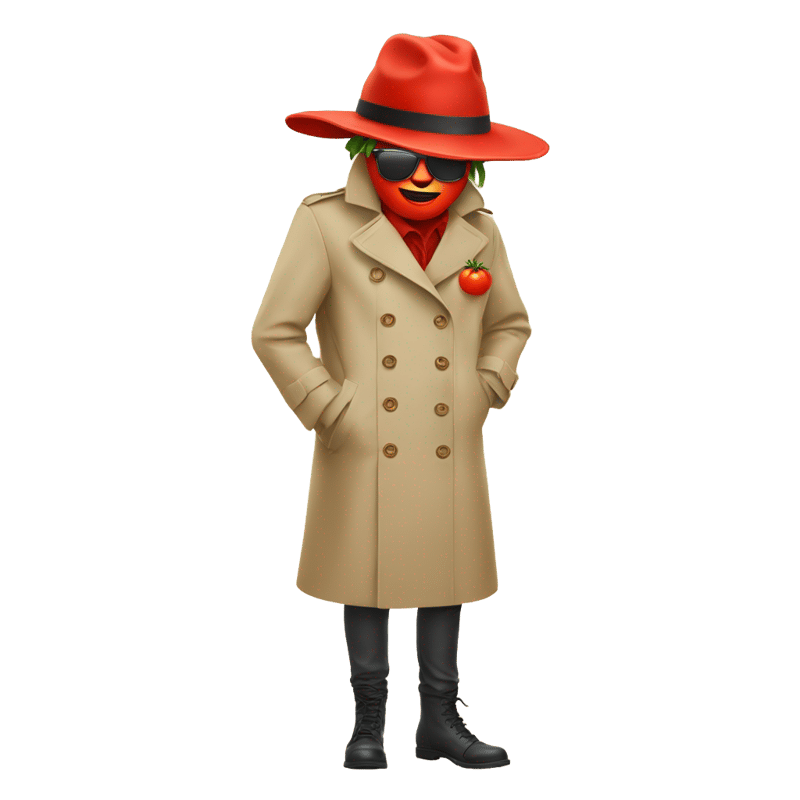 Tomato face emoji wearing long body trench coat hat sunglasses legs red hands