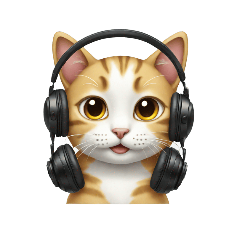 unrealistic cute cat smiling with black headphones on