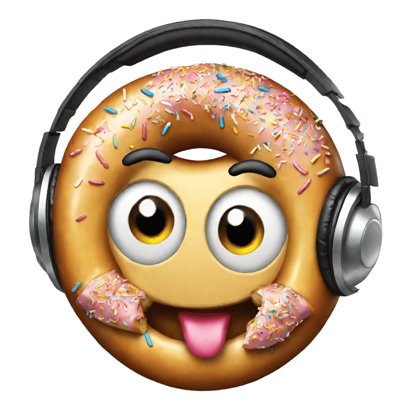 unrealistic smiling donut with headphones