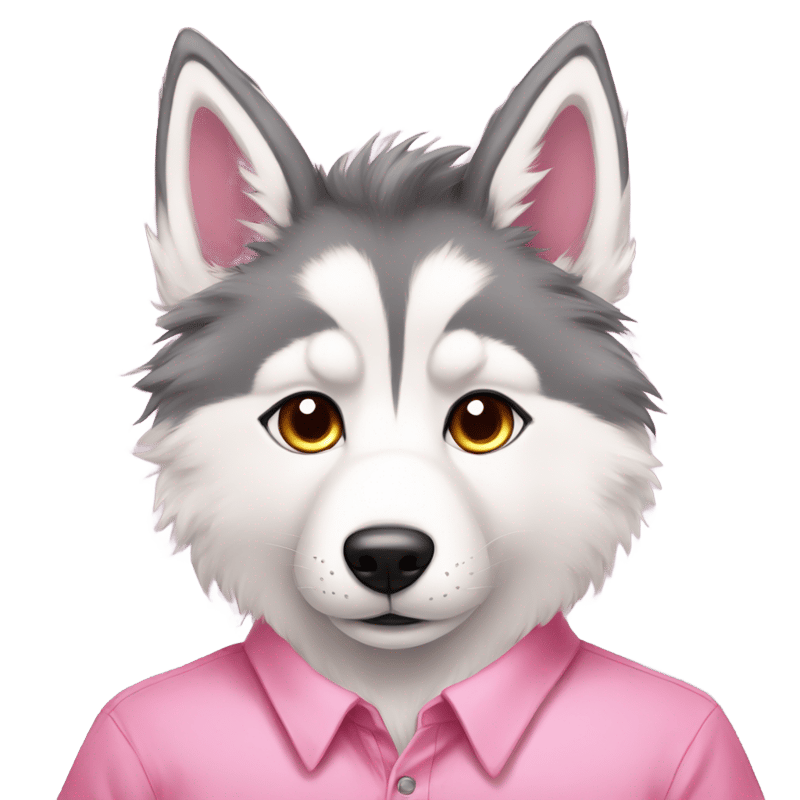 very fluffy anthro male husky with anime hairs, red fur on ears and pink shirt