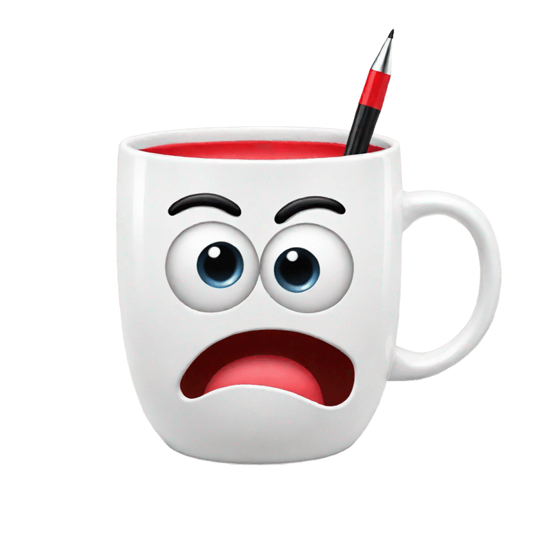 white mug with two dot eyes, smile, red inside, and a digital pen inside the cup