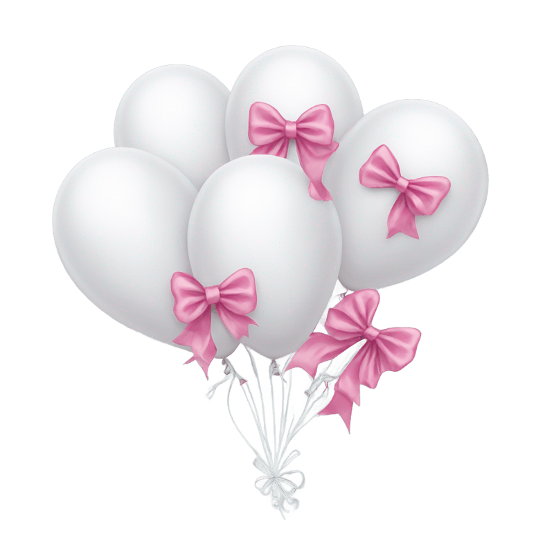 White party balloons with pink bows attached to the balloon.