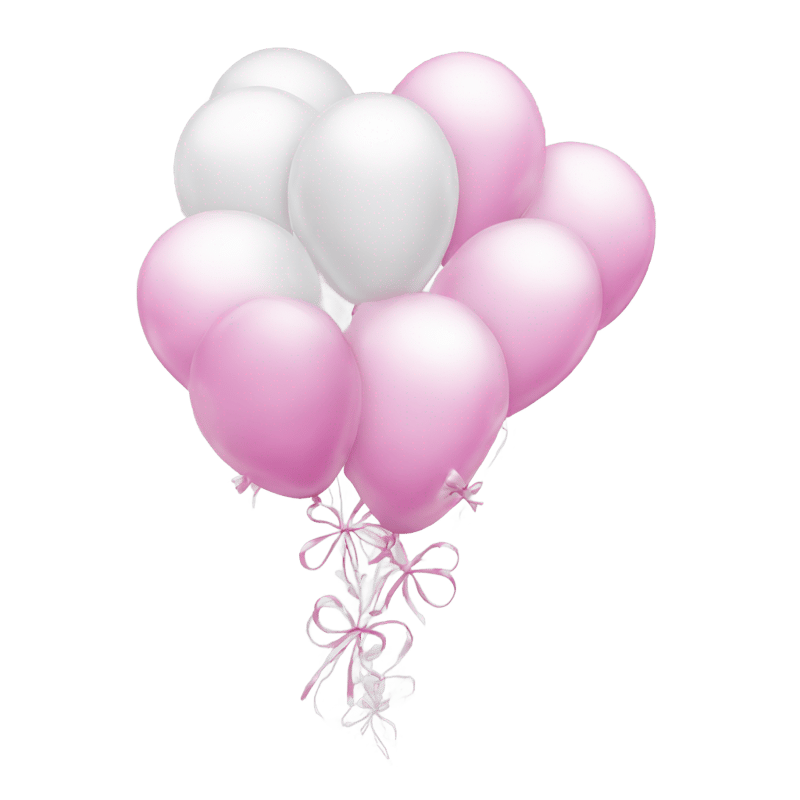 White party balloons with pink bows attached to the balloon.