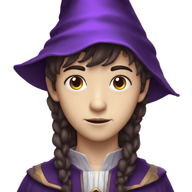 young wizard's head with purple palette hat, white skin and dark brown hair