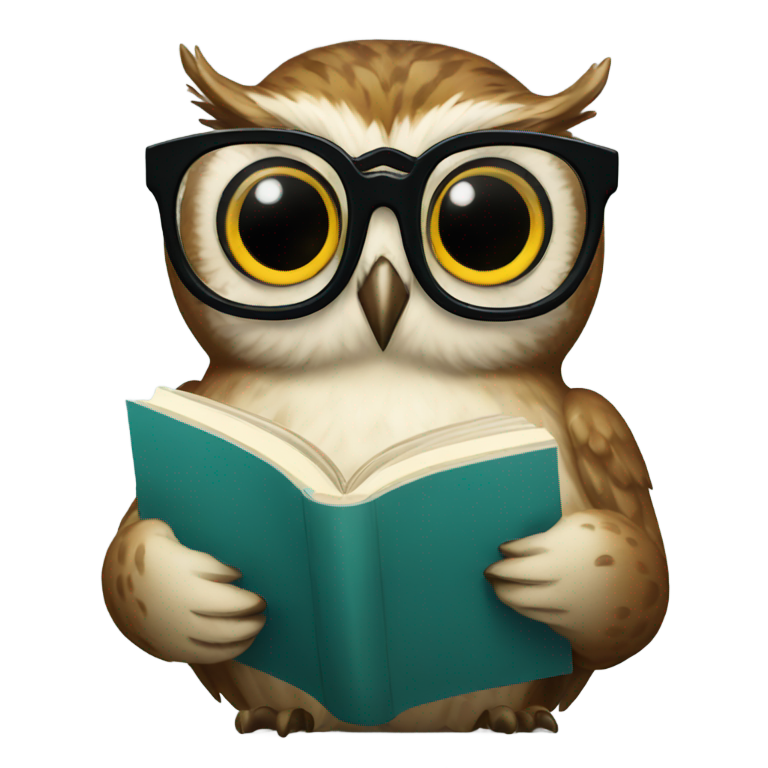 genmoji: Elegant owl with John Lennon glasses holding a book