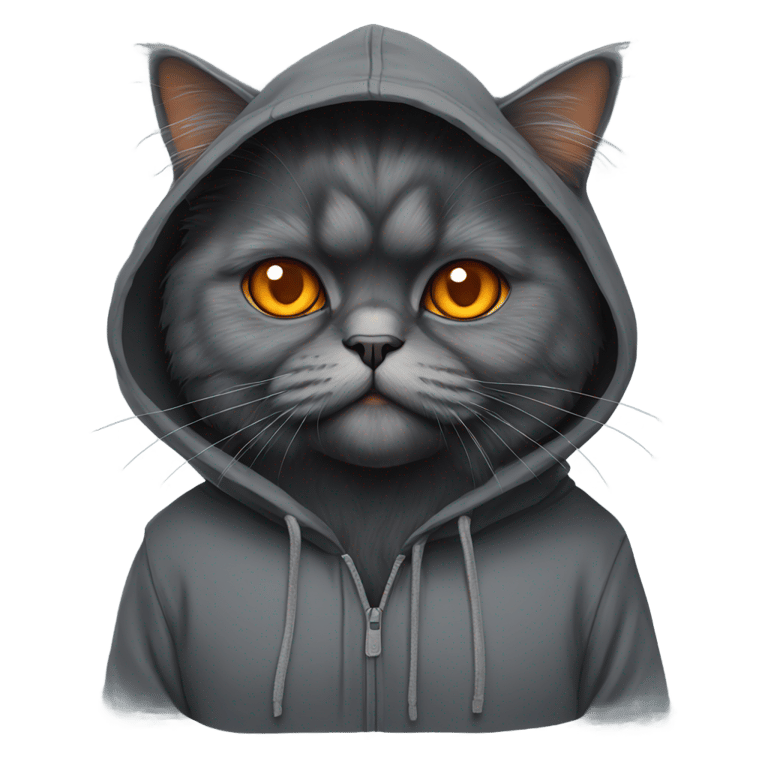 絵文字：dark gray persian cat with orange eyes wearing a hoodie