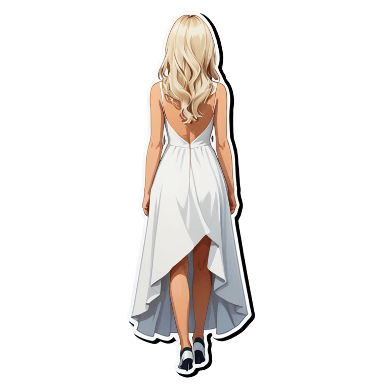 genmoji: I white dress that's short in front and really long in back and girl wearing it has blonde hair going to her back
