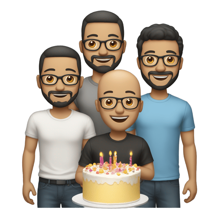 genmoji: Three men light skin tone with a birthday cake. The first man is bald,wears glasses,headphone and radio microphone. The second is a man with a beard, black hair and wearing glasses. And the third is a bald man wearing a cap.