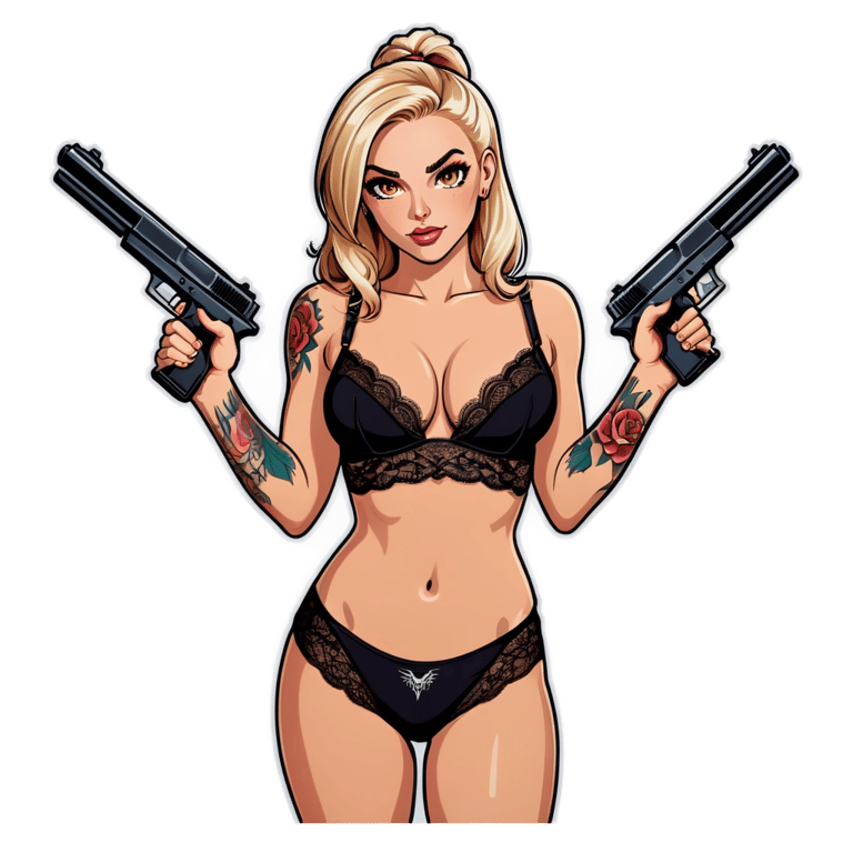 genmoji: White girl with blonde hair,hazel eyes, tattoes all over and wearing lingerie while holding a gun