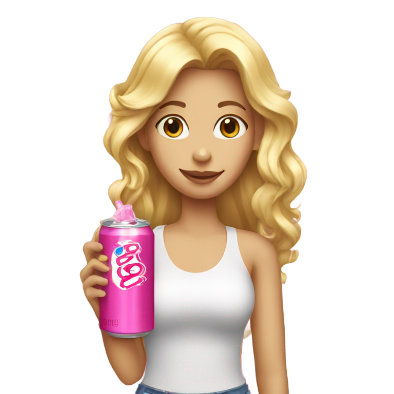 genmoji: a blonde girl with a pink soda can in her hand