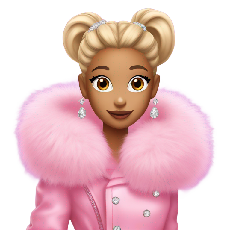 絵文字：Emoji in Ariana Grande's 7 Rings style: pink fur, diamonds, luxury makeup, high ponytail, sparkly background, diva princess
