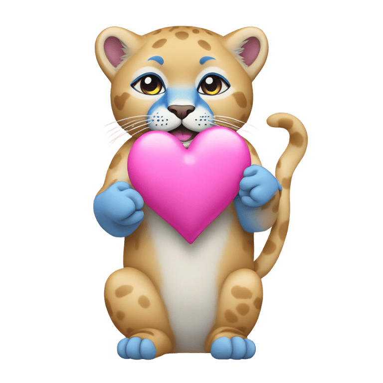 genmoji: Yellow and blue cougar holding a pink heart