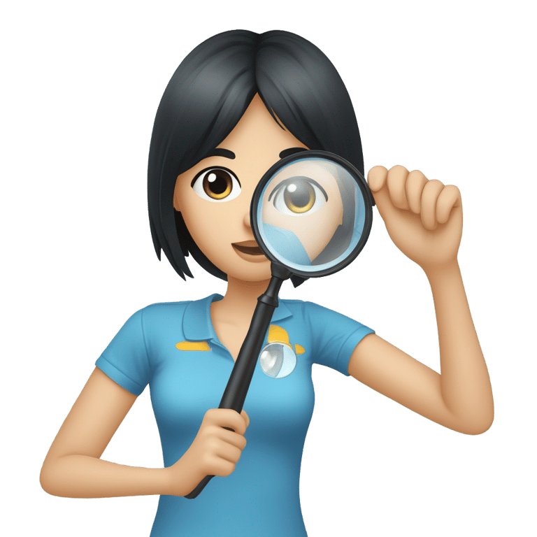 genmoji: A girl with black hair wearing blue polo t-shirt holding a magnifying glass to her face, a magnified big eye is visible in the magnifying glass. Front perspective