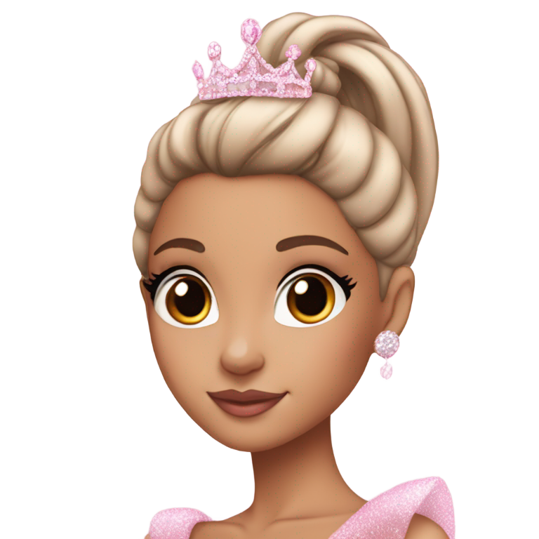 絵文字：Pink princess emoji in the style of Ariana Grande, glamorous makeup, high ponytail, sparkly dress