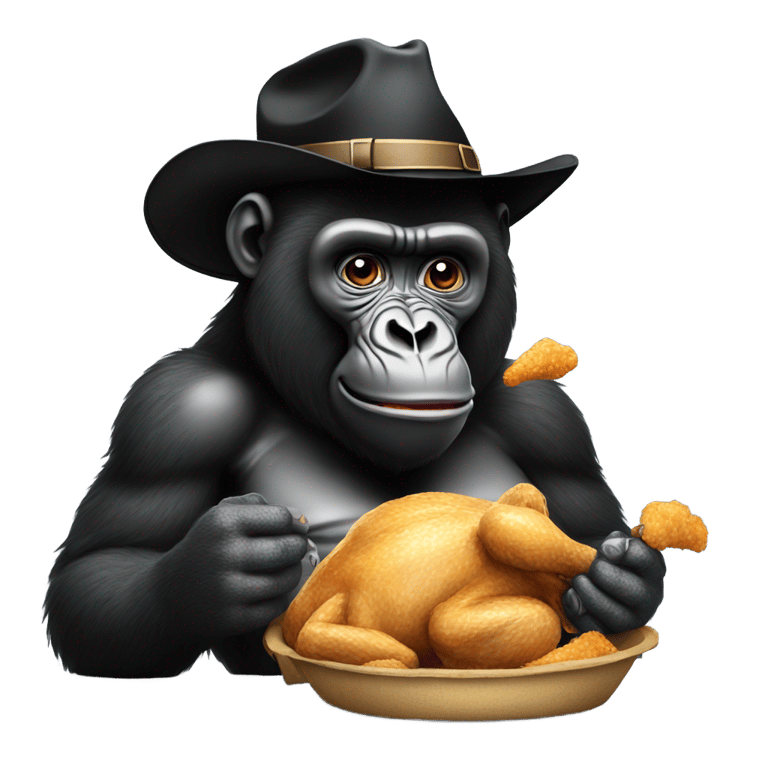 genmoji: Black gorilla eating chicken wearing a 10 gallon hat