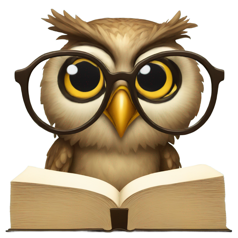 genmoji: Owl with round glasses looking up from behind a book