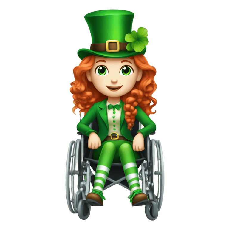 genmoji: Leprechaun girl in a wheelchair blue eyes red hair